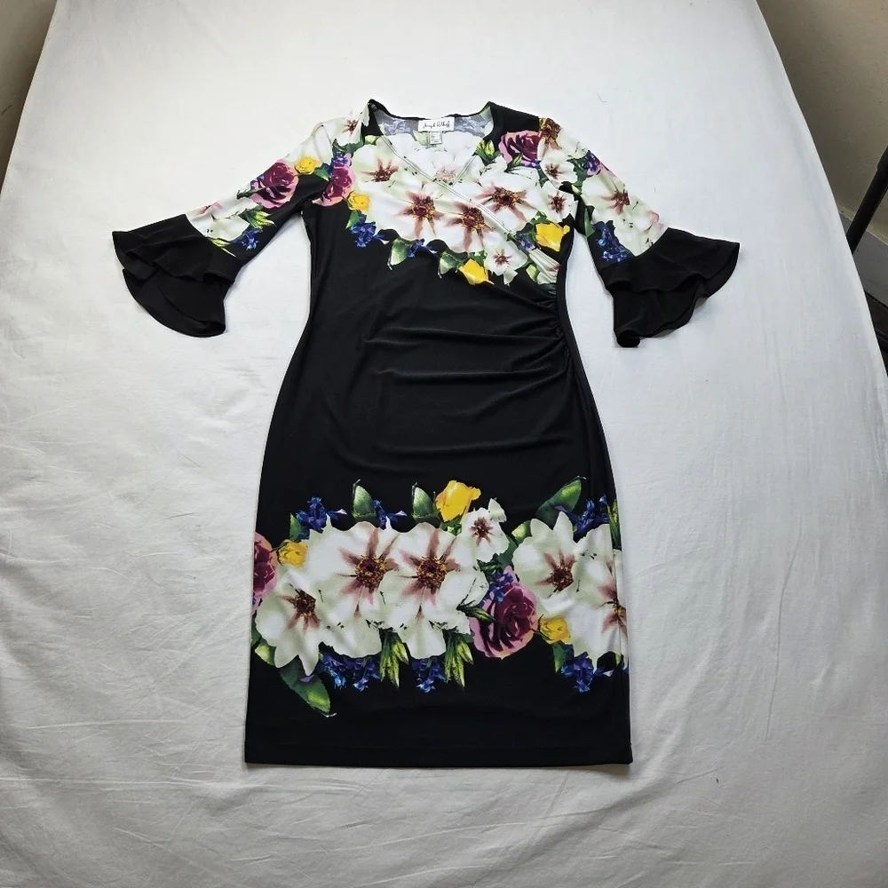 Joseph Ribkoff Floral Black Sheath Dress Women’s Size 10 Bell Sleeve V-Neck Midi